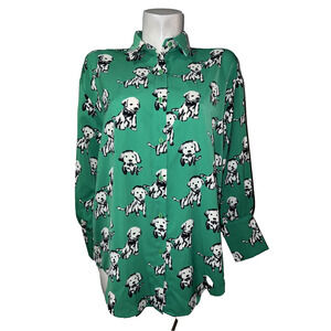 New Elli White Top Women's Size S Green Dog Print Button Shirt Collared Novelty